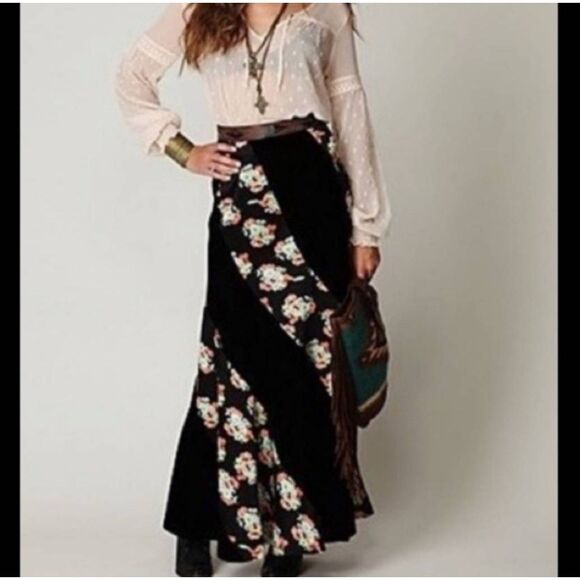 Free People Dresses & Skirts - Free people size 8 twisted floral satin black velvet maxi skirt new